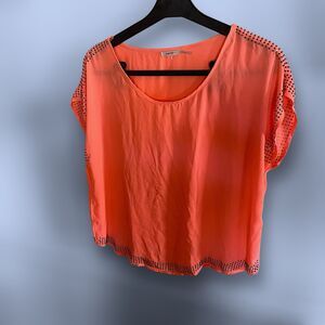 Coral Sheer Blouse with Metal Stud Accents on Sleeves Women's Short Sleeve Top